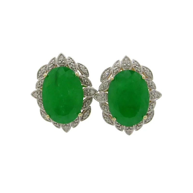 modern hoop earrings for women -9ct Yellow Gold Oval Green Jade & Diamond Earrings