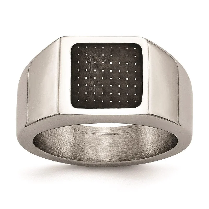 anniversary rings for women -Stainless Steel Polished Signet Carbon Fiber Inlay Ring