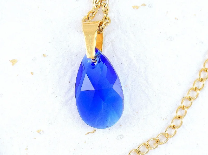 gold necklaces for women -15-inch necklace with 20mm indigo Majestic Blue Swarovski crystal drop pendant, gold-toned stainless steel chain