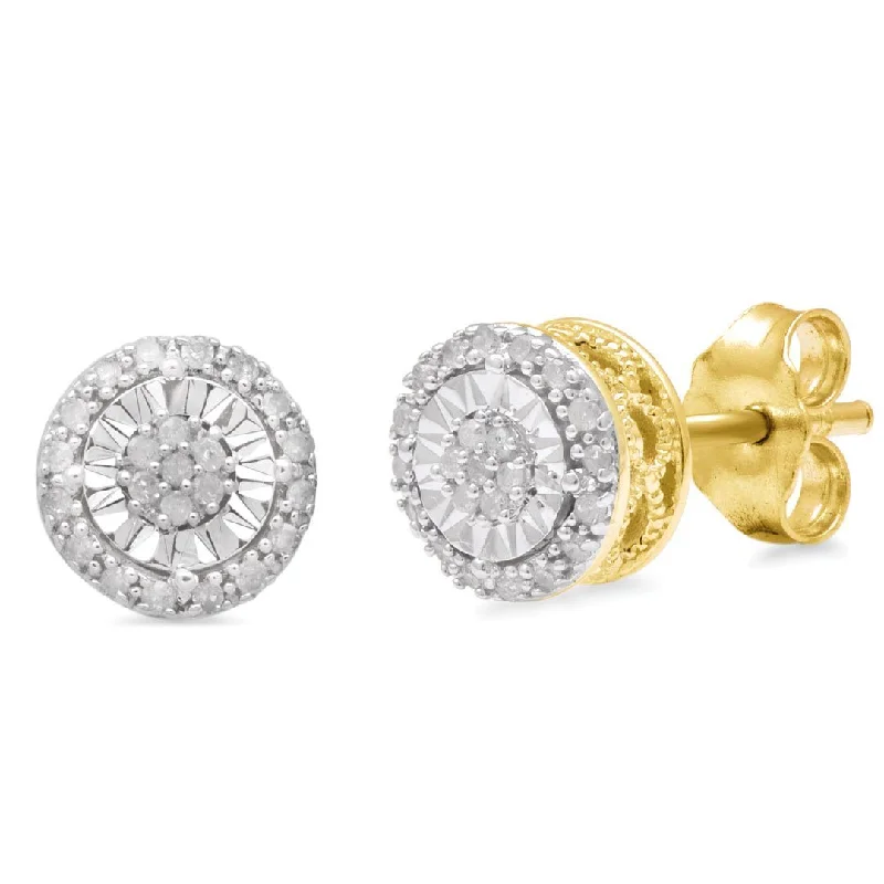 artistic earrings for women -Brilliant Halo Round Stud Earrings with 0.10ct of Diamonds in 9ct Yellow Gold