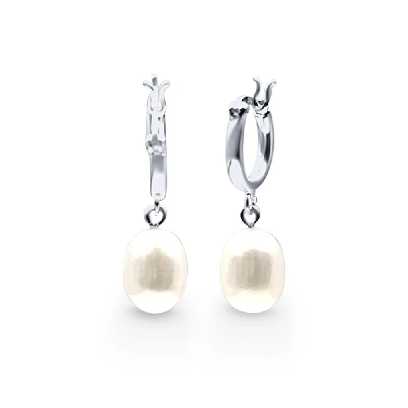 modern pearl earrings for women -Freshwater Pearl Drop Hoop Earrings in Sterling Silver