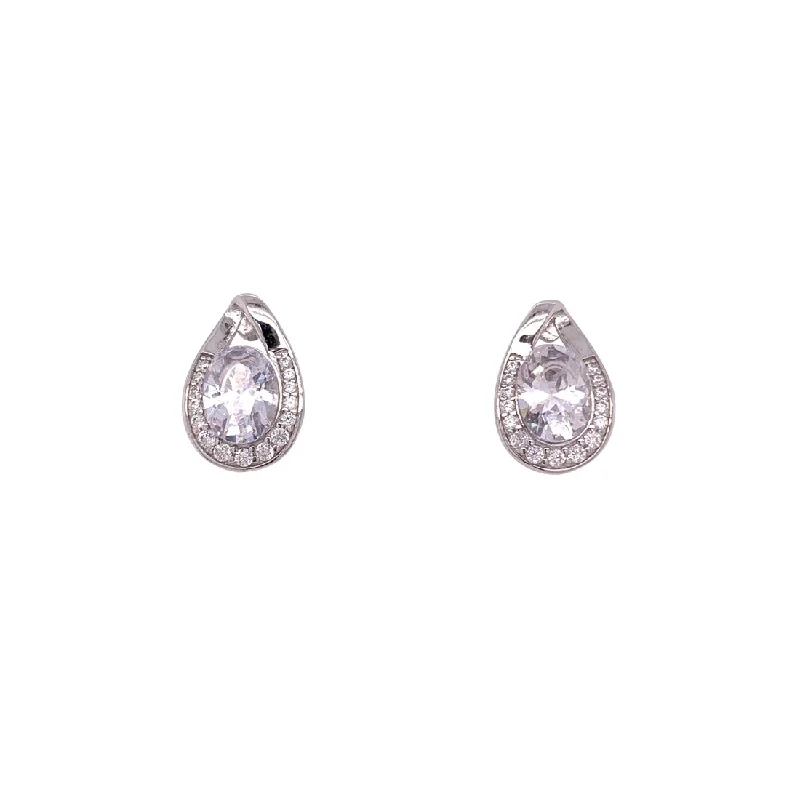 stud earrings for women -Sterling Silver Cubic Zirconia Pear Halo Earrings