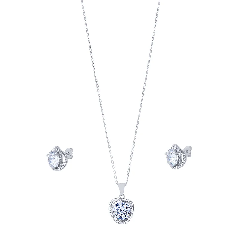 evening earrings for women -Sterling Silver Cubic Zirconia Swirl Halo Stud Earrings and Necklace Set