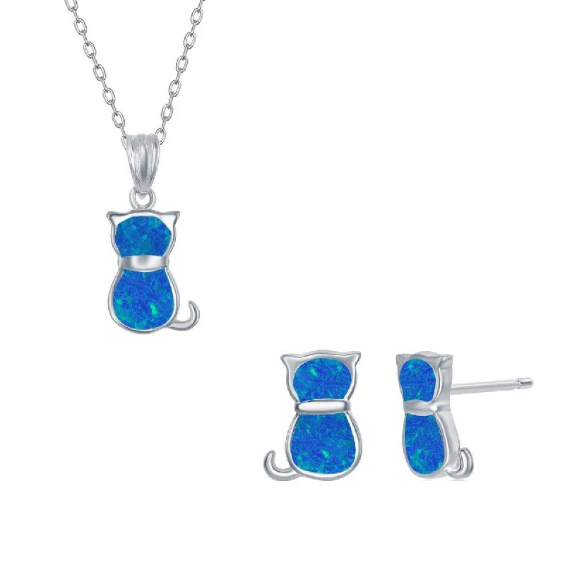 personalized necklace pendants for women -Opalata Women's Necklace and Earrings Set - Sterling Silver Blue Opal Cat | SET-577