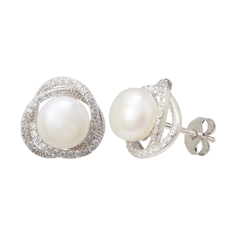 modern pearl earrings for women -Freshwater Pearl & Cubic Zirconia Halo Swirl Earrings in Sterling Silver