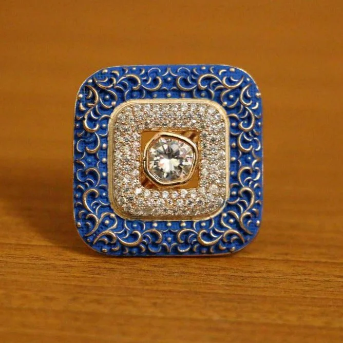 unique rings for women -CZ STUDDED DIAMOND LOOK MEENAKARI COCKTAIL RING