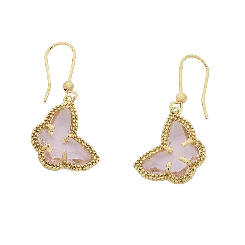 gold hoop earrings for women -9ct Yellow Gold Silver Infused Milgrain Pink Butterfly Earrings