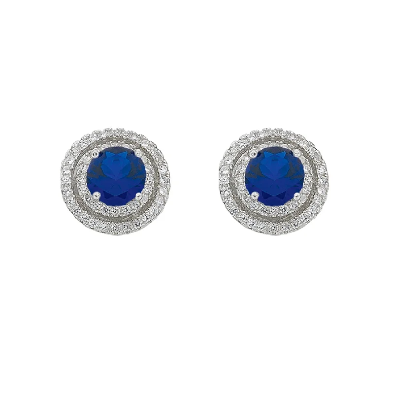 silver earrings for women -September Birthstone Sterling Silver Dark Blue Cubic Zirconia Halo Earrings