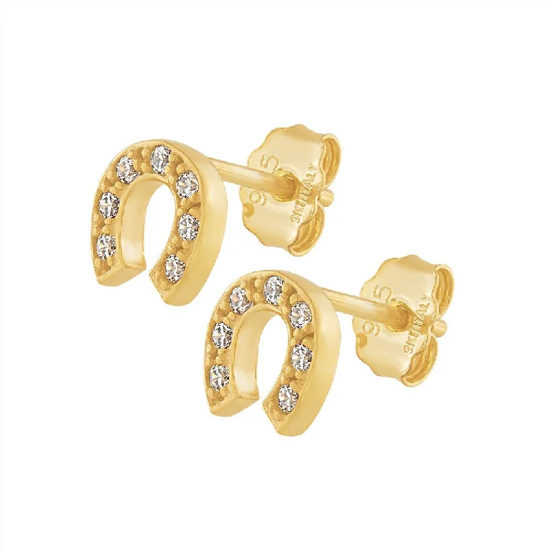 bold earrings for women -9ct Yellow Gold Silver Infused Horseshoe Stud Earrings with Cubic Zircona