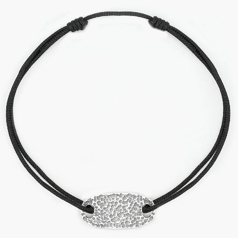 trendy bangles for women -Cord Bracelet With Hammered Sterling Silver Plate (Black)