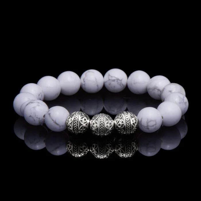 engraved bracelets for women -Classic Silver Howlite Beaded Bracelet