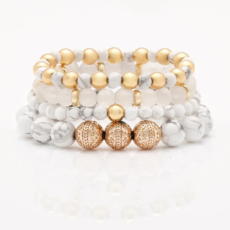 gold bangles for women -Howlite Rose Gold Bracelet with Howlite and White Jade Bracelet