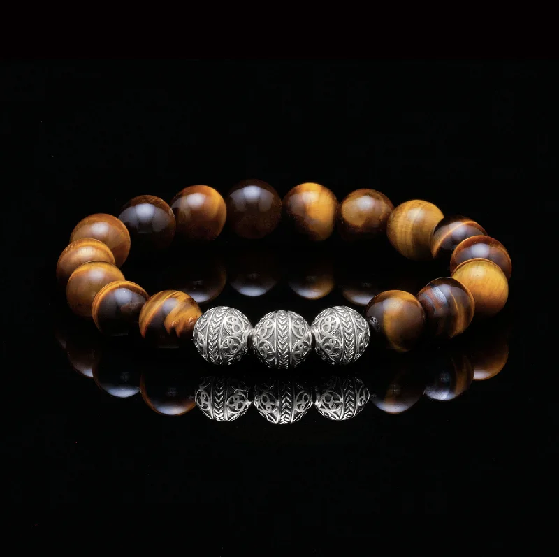 charm bracelets for women -Classic Silver Tiger Eye Beaded Bracelet