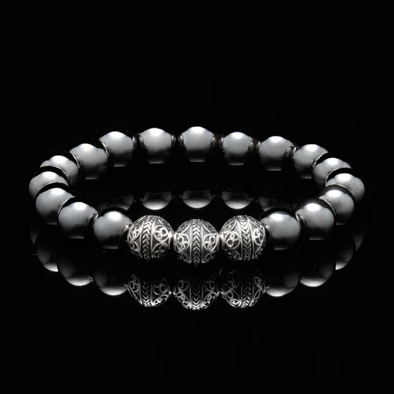 trendy bangles for women -Classic Silver Hematite Beaded Bracelet