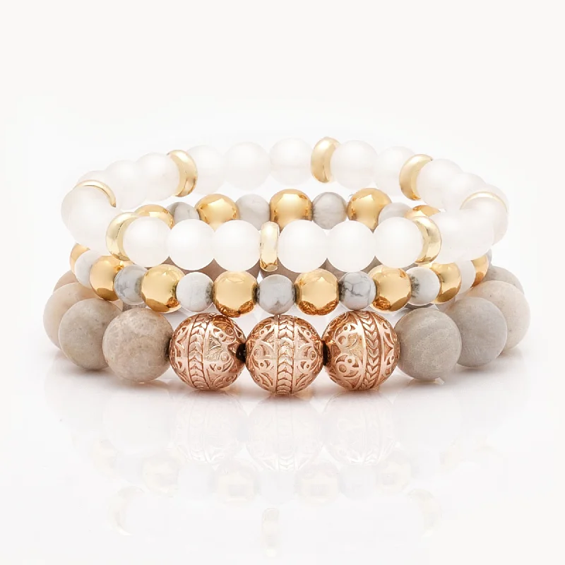 elegant cuff bracelets for women -Rose Gold Chrysanthemum Bracelet with Howlite and White Jade Bracelet