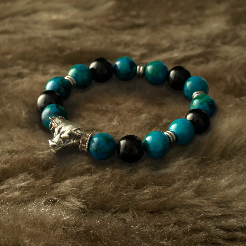 crystal bangles for women -Bull Turquoise Obsidian Stainless Steel Bead Bracelet