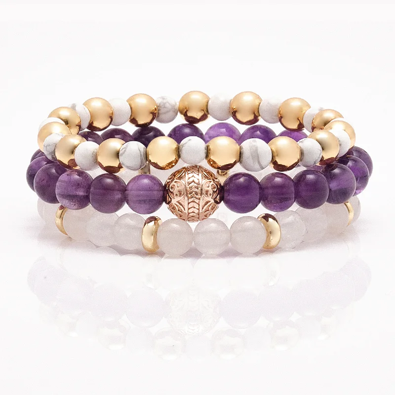 stunning bangles for women -Amethyst Rose Gold Bracelet with Howlite and White Jade Bracelet