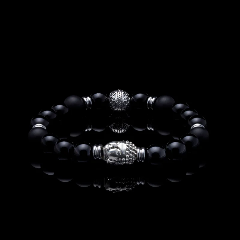 leather bangles for women -Silver Buddha Bracelet with Obsidian