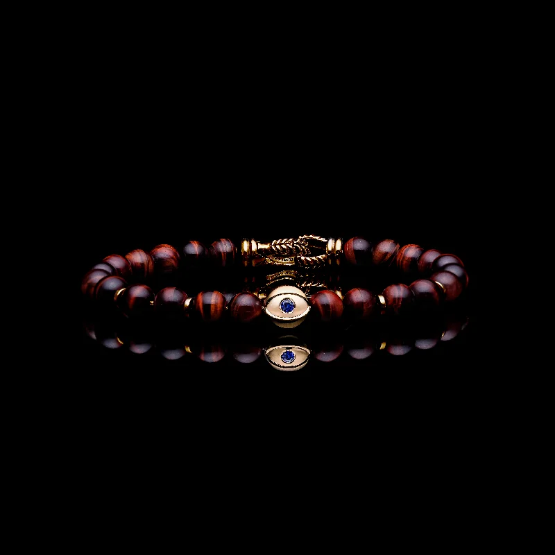 colorful bangles for women -18k Gold Evil Eye Bracelet | Red Tiger Eye Beaded Bracelet In Laurel Clasp