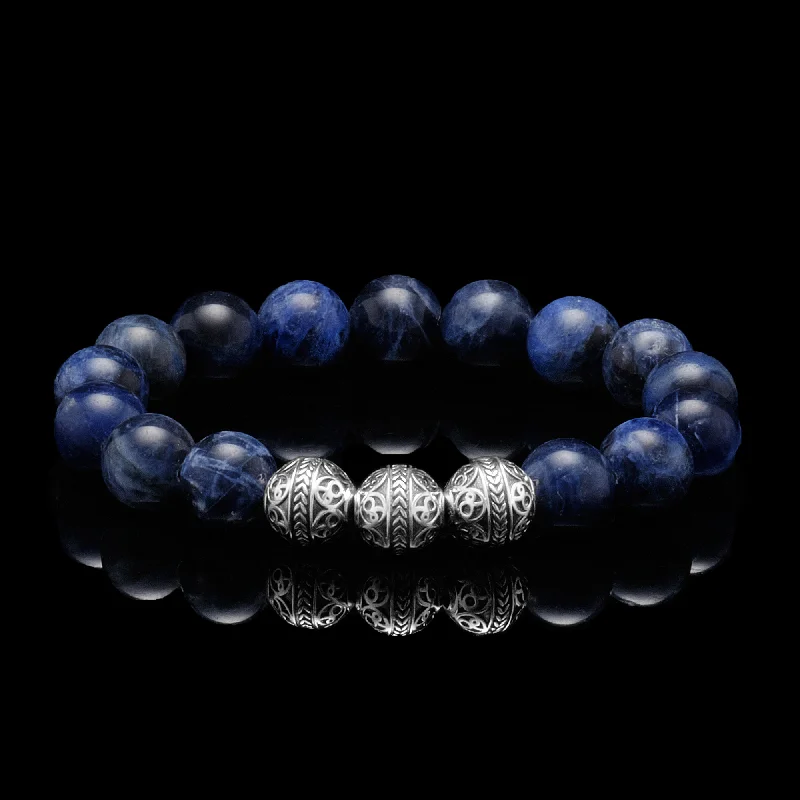 bangles sets for women -Classic Silver Sodalite Beaded Bracelet