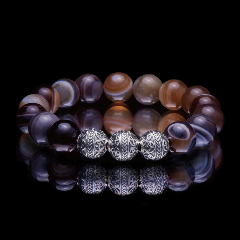 minimalist bracelets for women -Silver Classic Brown Agate Beaded Bracelet