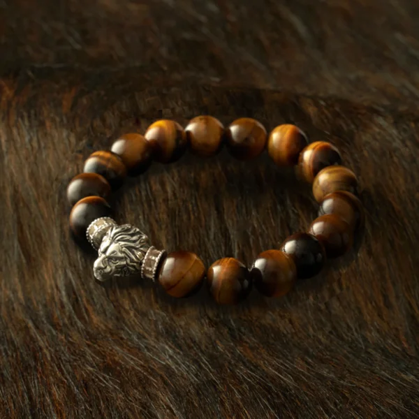 adjustable bracelets for women -Silver Lion Tiger Eye Bead Bracelet