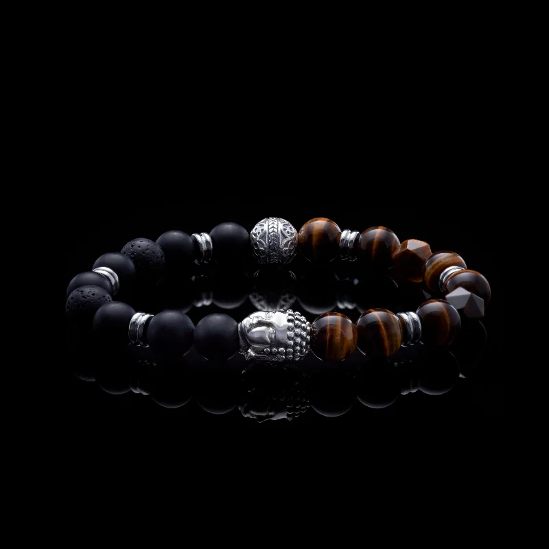 custom engraved bangles -Silver Buddha Bracelet with Obsidian, Tiger Eye, and Lava Stone