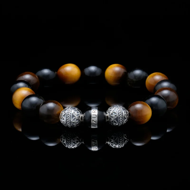 infinity bangles for women -The Crouching Tiger | Silver Enamel Black Obsidian Tiger Eye Beaded Bracelet